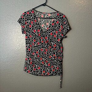 Red White Black Abstract Print Faux Wrap Ruched Short Sleeve Top Size L/XL